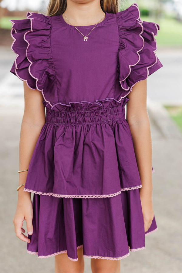 Girls: Wave Hello Plum Scalloped Dress
