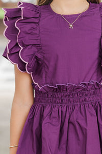 Girls: Wave Hello Plum Scalloped Dress