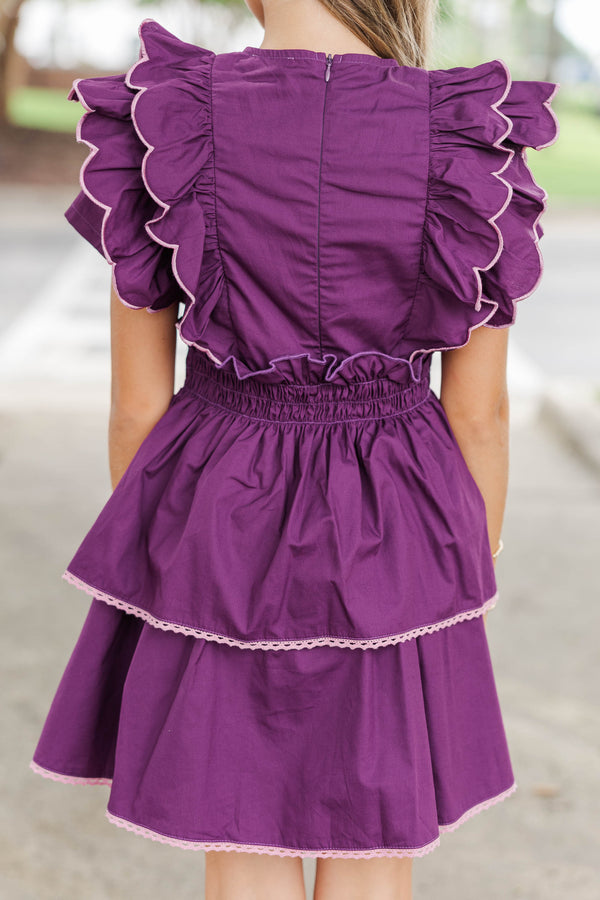 Girls: Wave Hello Plum Scalloped Dress