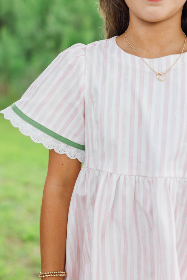 Girls: Time Goes By Pink Striped Scalloped Dress