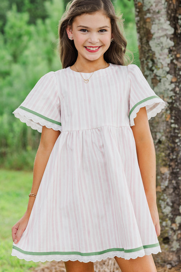 Girls: Time Goes By Pink Striped Scalloped Dress