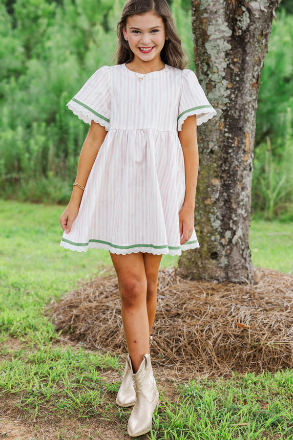 Girls: Time Goes By Pink Striped Scalloped Dress