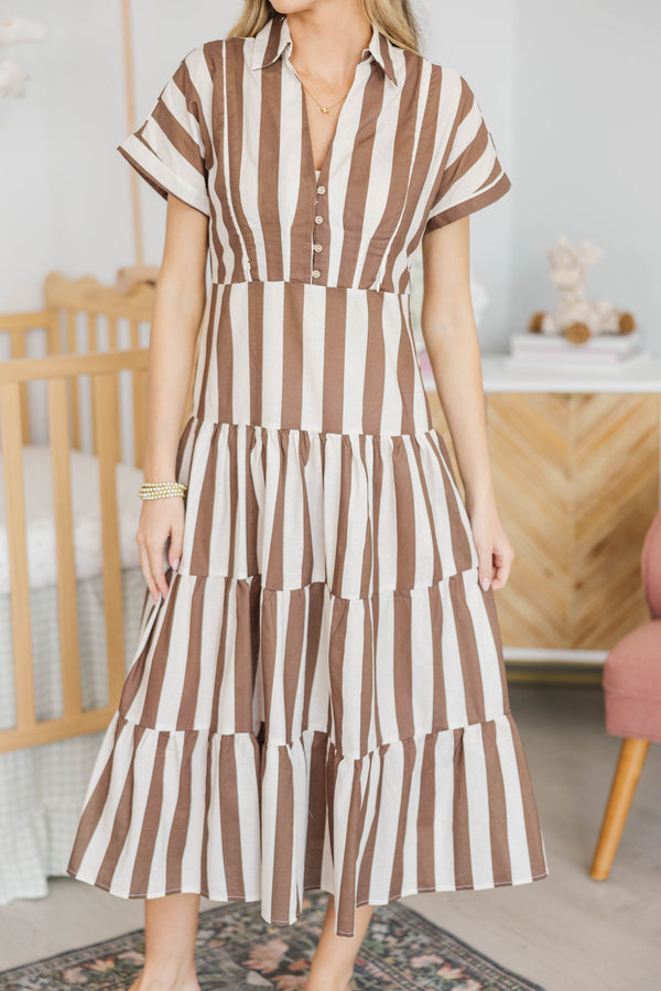 NURSING COLLECTION: Search Your Heart Brown Striped Midi Dress
