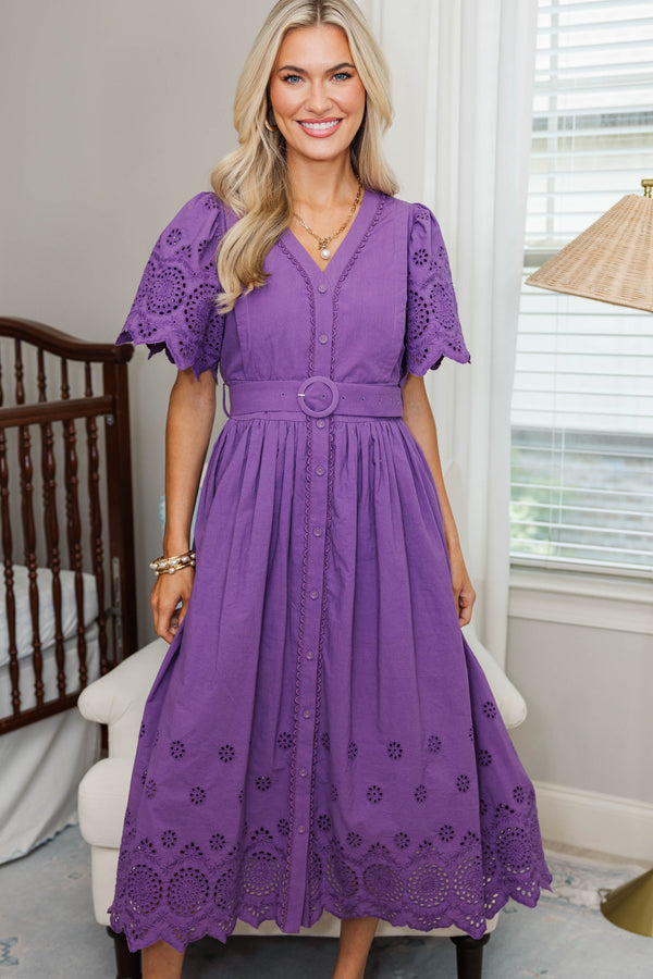 NURSING COLLECTION: Just Around The Corner Plum Purple Eyelet Belted Midi Dress