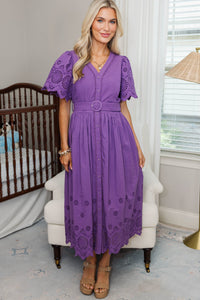 NURSING COLLECTION: Just Around The Corner Plum Purple Eyelet Belted Midi Dress