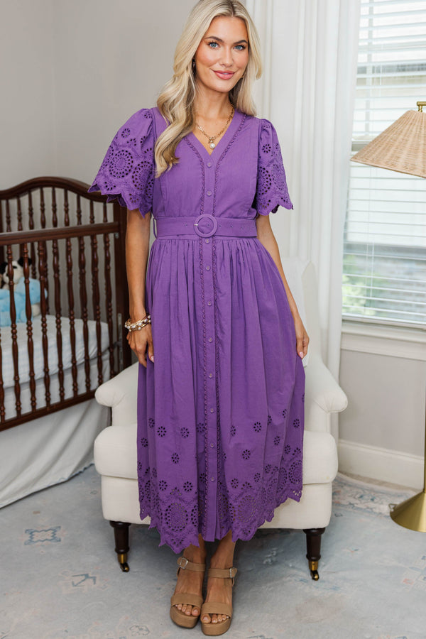NURSING COLLECTION: Just Around The Corner Plum Purple Eyelet Belted Midi Dress