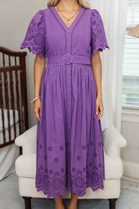 NURSING COLLECTION: Just Around The Corner Plum Purple Eyelet Belted Midi Dress
