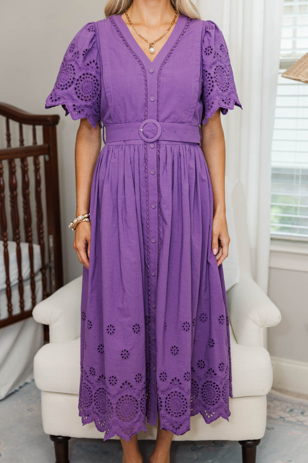 NURSING COLLECTION: Just Around The Corner Plum Purple Eyelet Belted Midi Dress