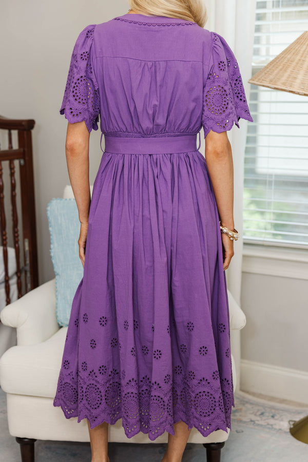 NURSING COLLECTION: Just Around The Corner Plum Purple Eyelet Belted Midi Dress