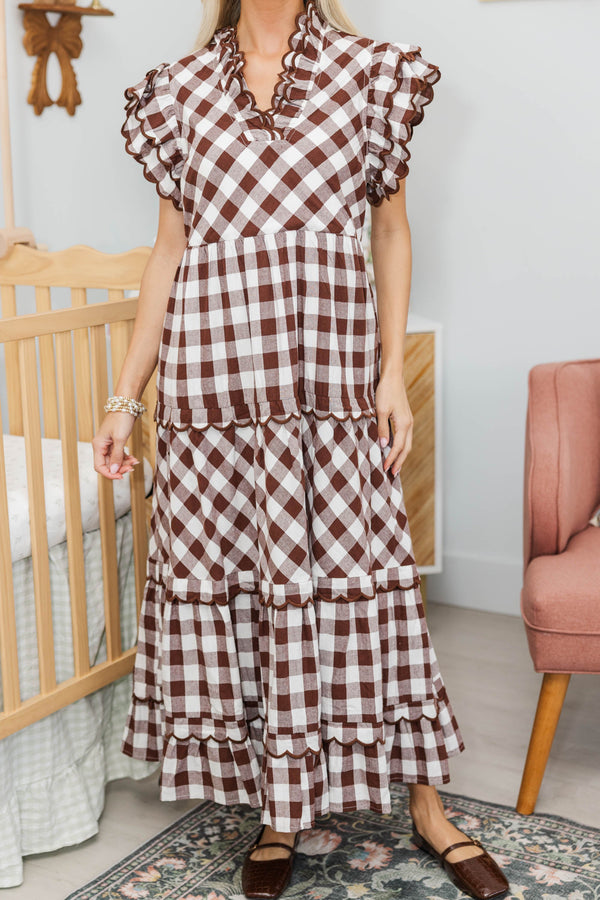NURSING COLLECTION: Worth Repeating Brown Gingham Midi Dress