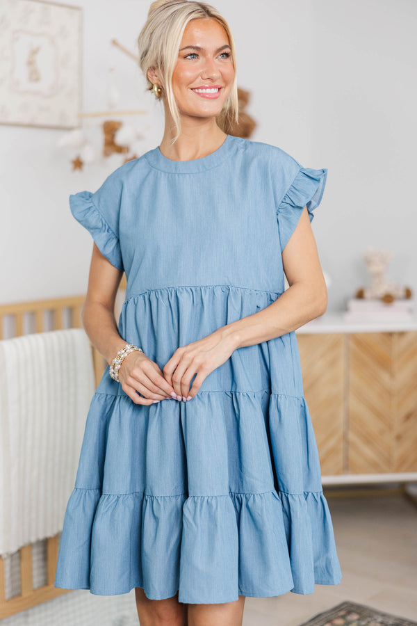 NURSING COLLECTION: Under Control Blue Chambray Tiered Dress