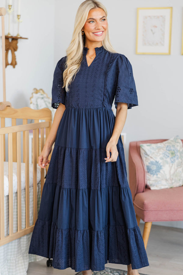 NURSING COLLECTION: Sweet Retreat Navy Eyelet Midi Dress