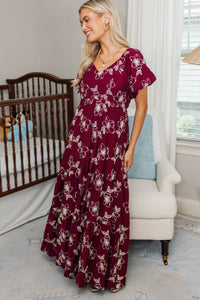 NURSING COLLECTION: Falling In Love Burgundy Embroidered Maxi Dress
