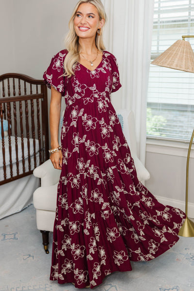 NURSING COLLECTION: Falling In Love Burgundy Embroidered Maxi Dress – Shop the Mint