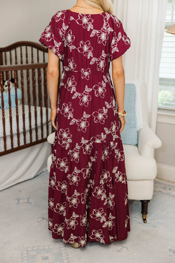 NURSING COLLECTION: Falling In Love Burgundy Embroidered Maxi Dress