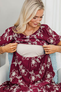 NURSING COLLECTION: Falling In Love Burgundy Embroidered Maxi Dress
