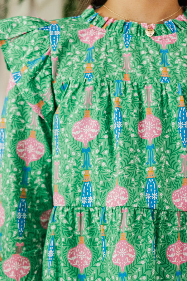 Girls: Make My Day Green Ornaments L/S Babydoll Dress