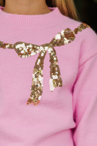 Girls: Feeling Present Pink Sequin Bow Sweater