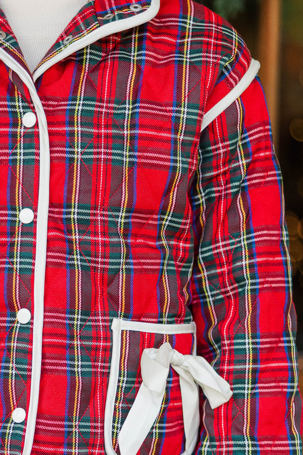 Girls: Just So You Red Tartan Plaid Quilted Jacket