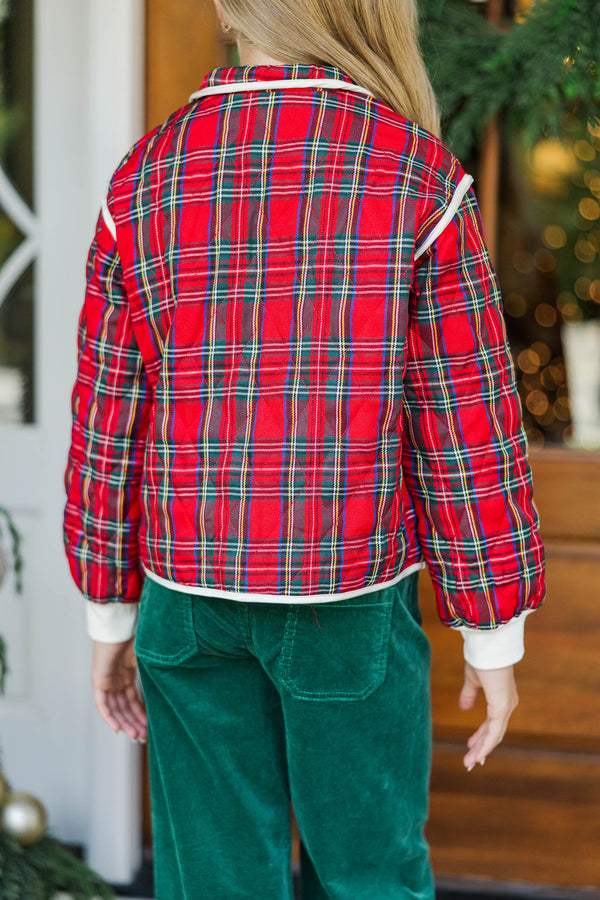 Girls: Just So You Red Tartan Plaid Quilted Jacket