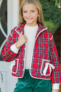 Girls: Just So You Red Tartan Plaid Quilted Jacket
