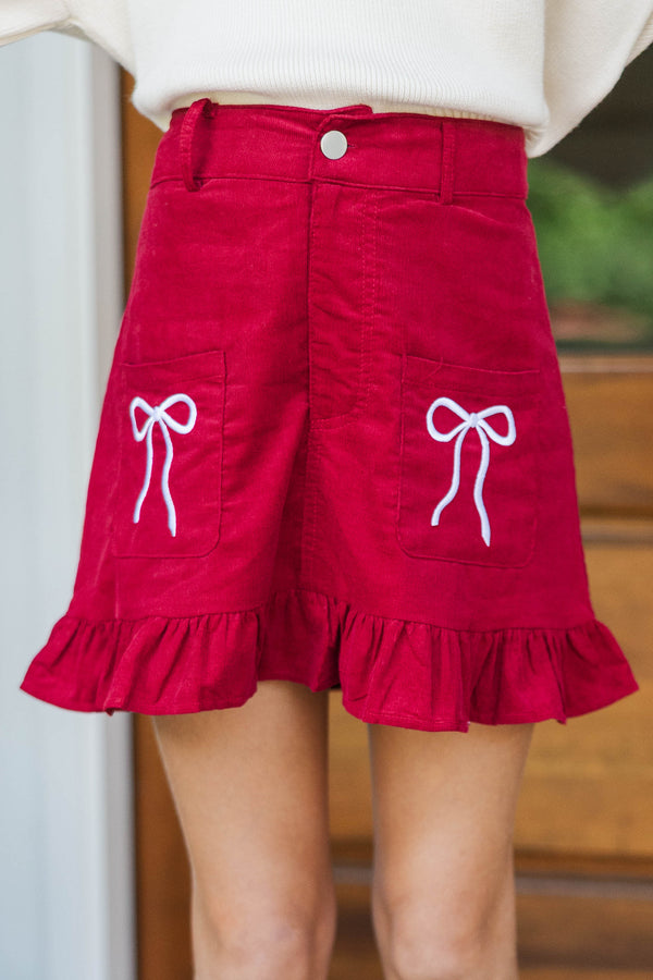 Girls: Gather In Style Red Embroidered Skort