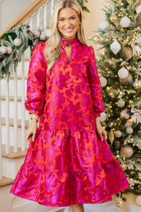 Always On My Mind Fuchsia Brocade Midi Dress
