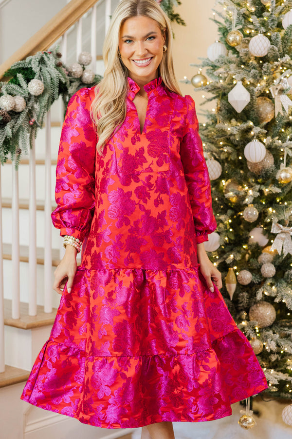 Always On My Mind Fuchsia Brocade Midi Dress