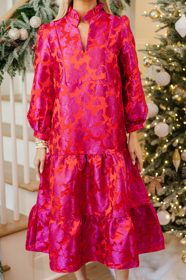 Always On My Mind Fuchsia Brocade Midi Dress