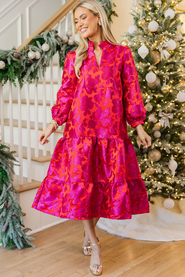 Always On My Mind Fuchsia Brocade Midi Dress