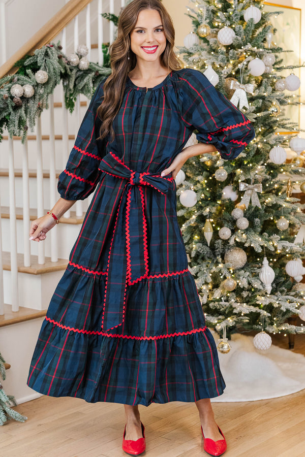 All Good Things Navy Plaid Midi Dress