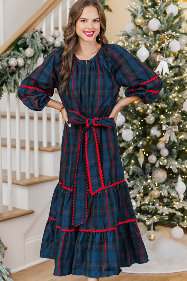 All Good Things Navy Plaid Midi Dress