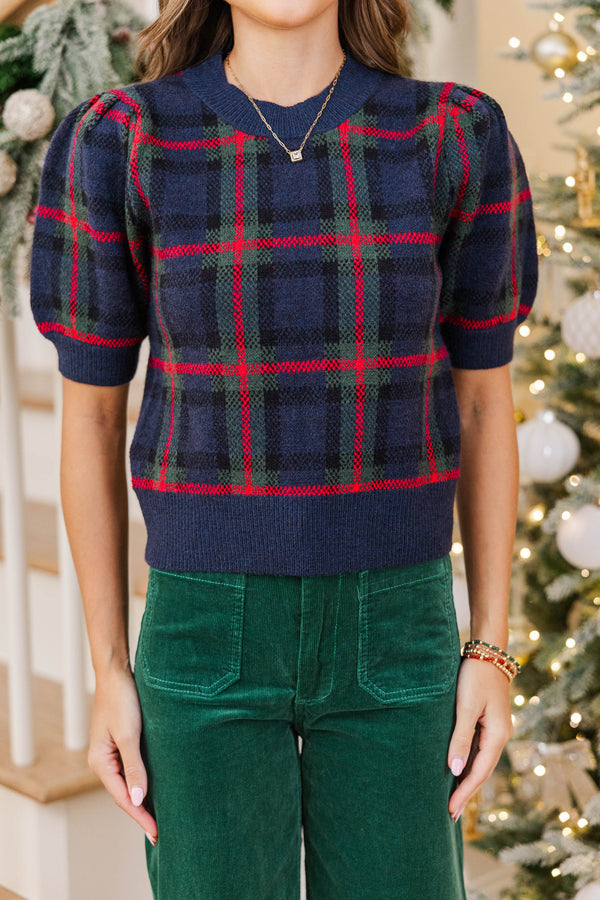 In Season Navy Plaid Sweater