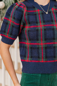 In Season Navy Plaid Sweater