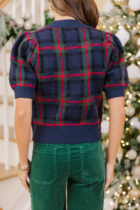 In Season Navy Plaid Sweater