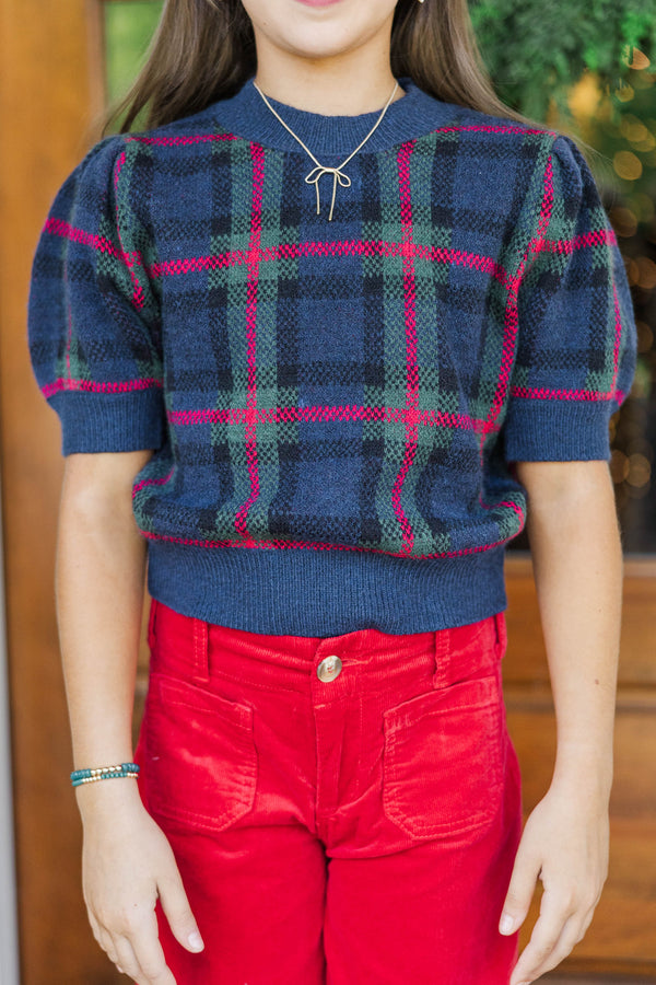 Girls: In Season Navy Plaid Sweater