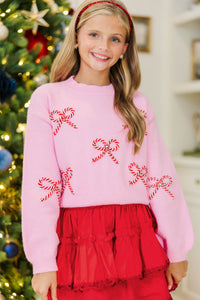Girls: Twist Of Charm Pink & Red Bow Sweater