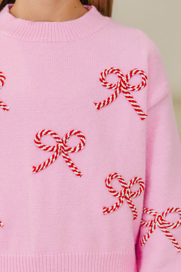 Girls: Twist Of Charm Pink & Red Bow Sweater