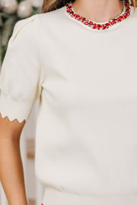 Refined Taste Cream Embellished Sweater Top