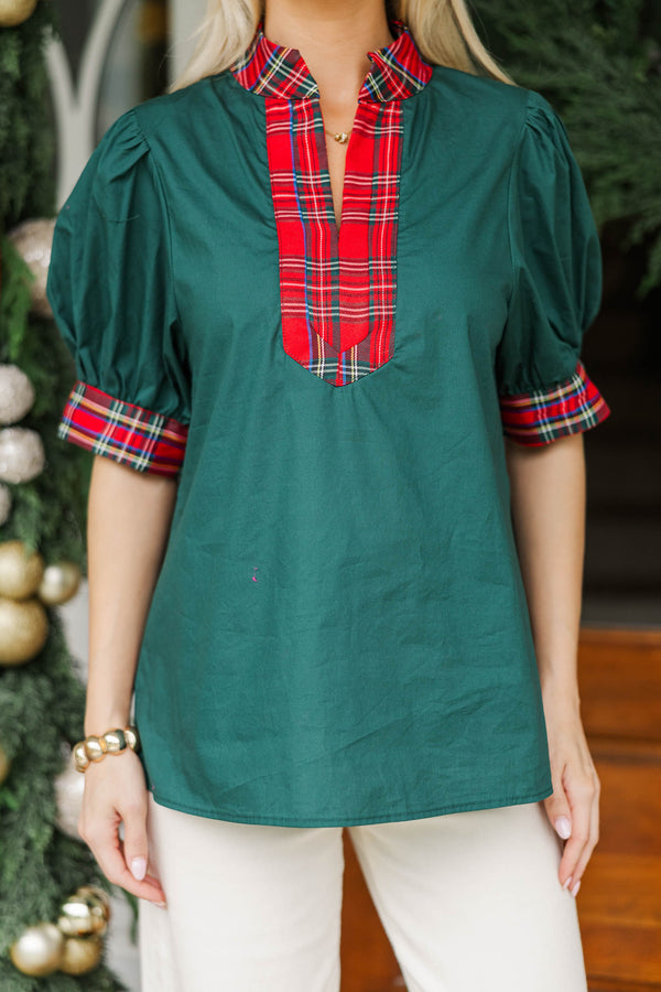 Somewhere Between Green Plaid Trim Blouse