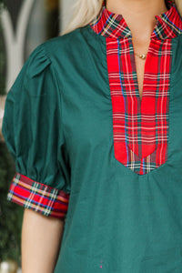 Somewhere Between Green Plaid Trim Blouse