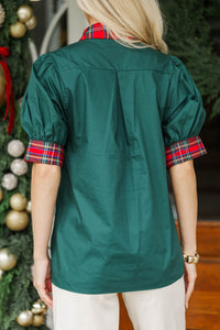 Somewhere Between Green Plaid Trim Blouse