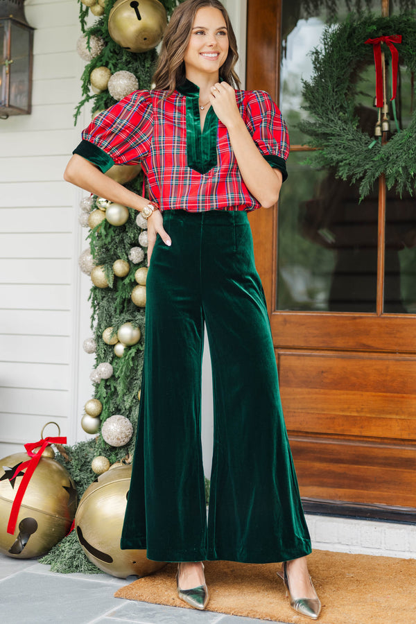 Somewhere Between Red Plaid Velvet Trim Blouse