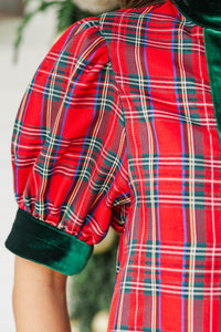 Somewhere Between Red Plaid Velvet Trim Blouse