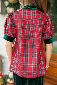 Somewhere Between Red Plaid Velvet Trim Blouse
