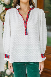 The Easy Choice Cream Textured Plaid Trim Blouse