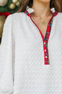 The Easy Choice Cream Textured Plaid Trim Blouse