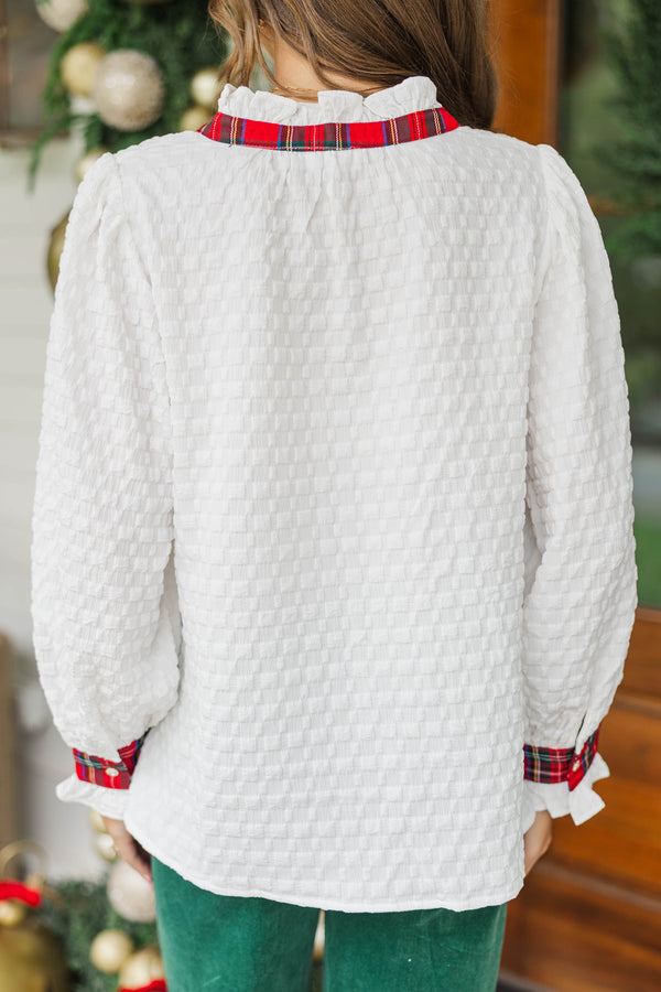 The Easy Choice Cream Textured Plaid Trim Blouse