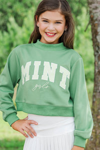 Girls: The Mint Girls Olive Mock Neck Pullover