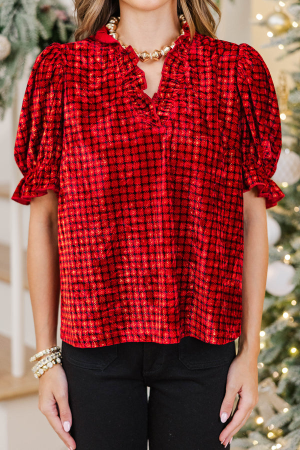 Soft Standard Red Velvet Plaid Blouse